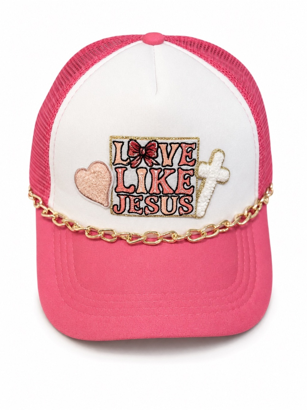 Hand Crafted Love Like Jesus Pink & White Trucker Hat with Gold Chain